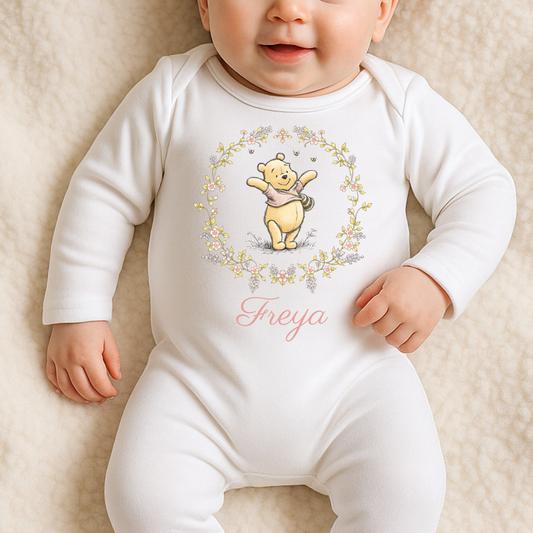 Pooh Bear Floral Wreath Sleepsuit - Personalise me