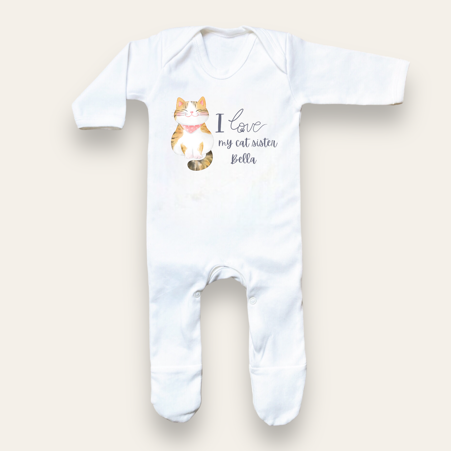 Sleep suit white with cat print - Personalise me