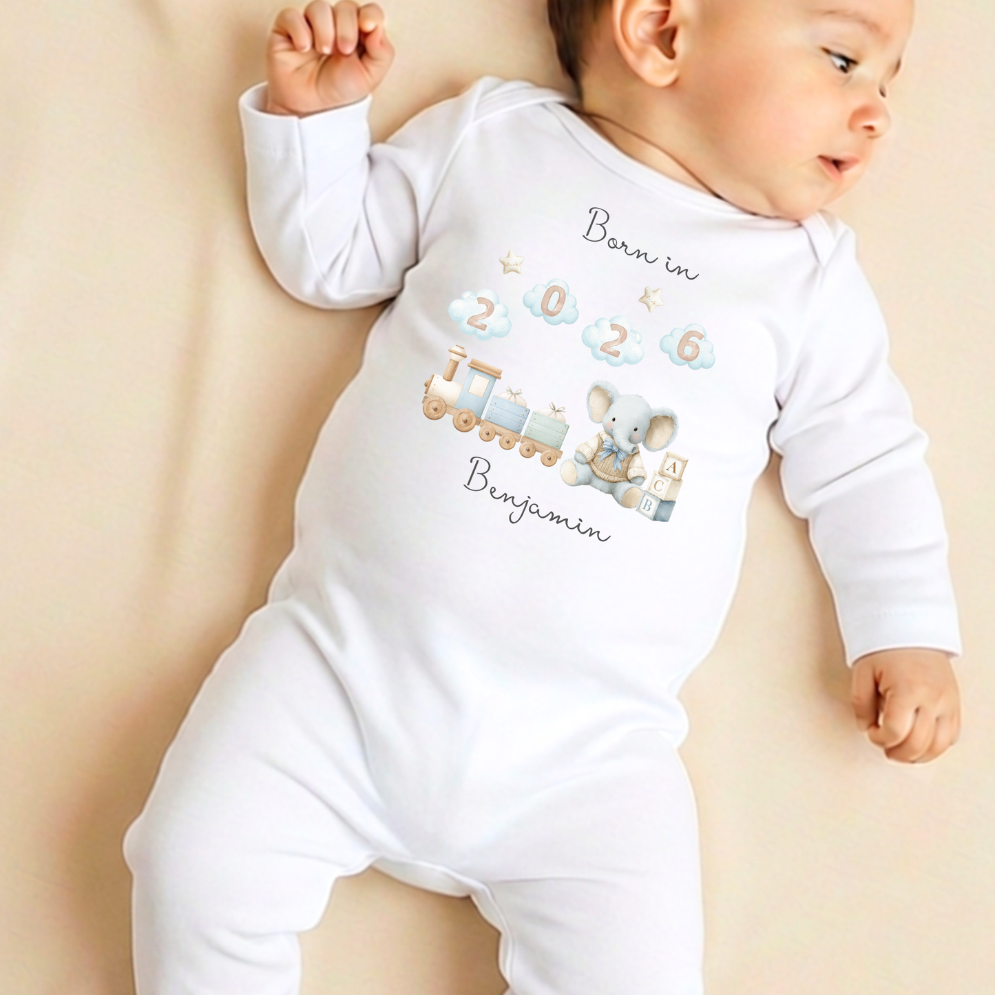 Born in 2026 Sleepsuit - Toy Train Print - Personalise me
