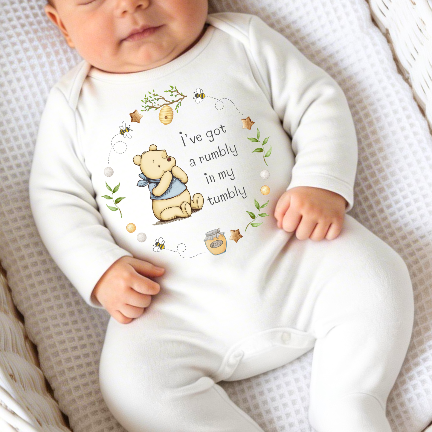 Blue Classic Bear 'I've got a rumbly in my tumbly' Sleepsuit