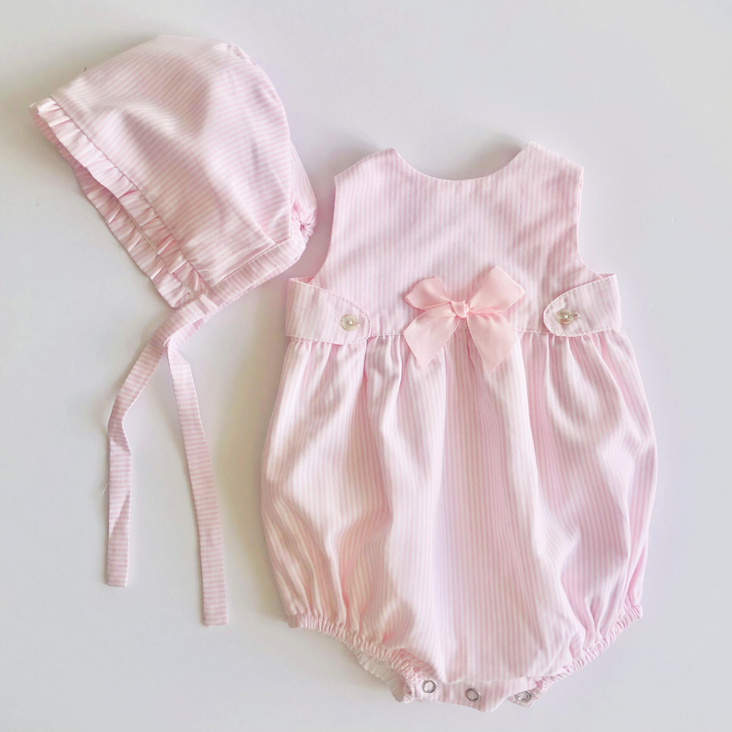 Pink stripe romper and bonnet