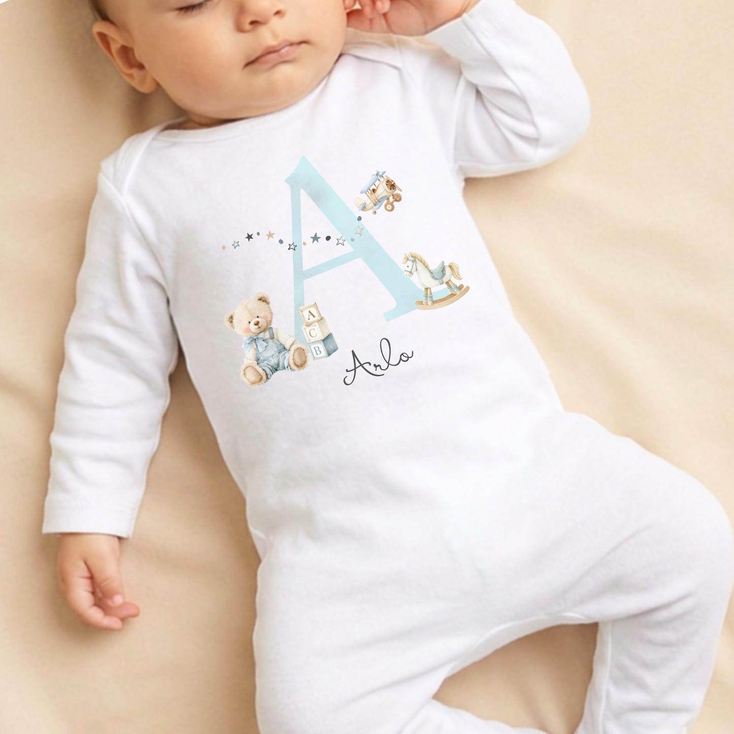 Baby Initial Sleepsuit - Teddy & Aeroplane Print - Personalise Me