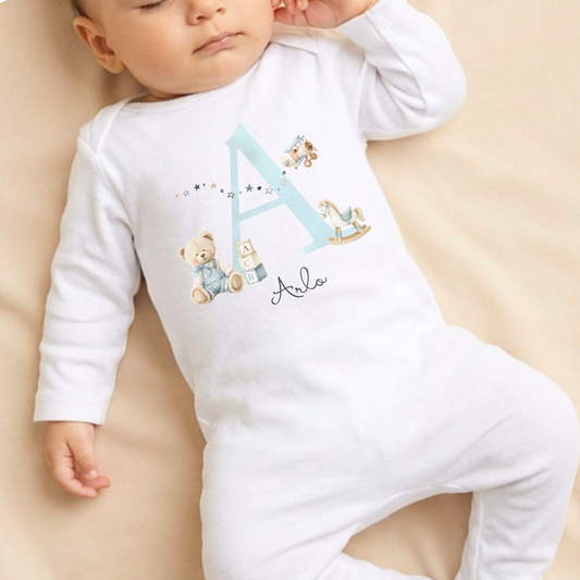 Baby Initial Sleepsuit - Teddy & Aeroplane Print - Personalise Me