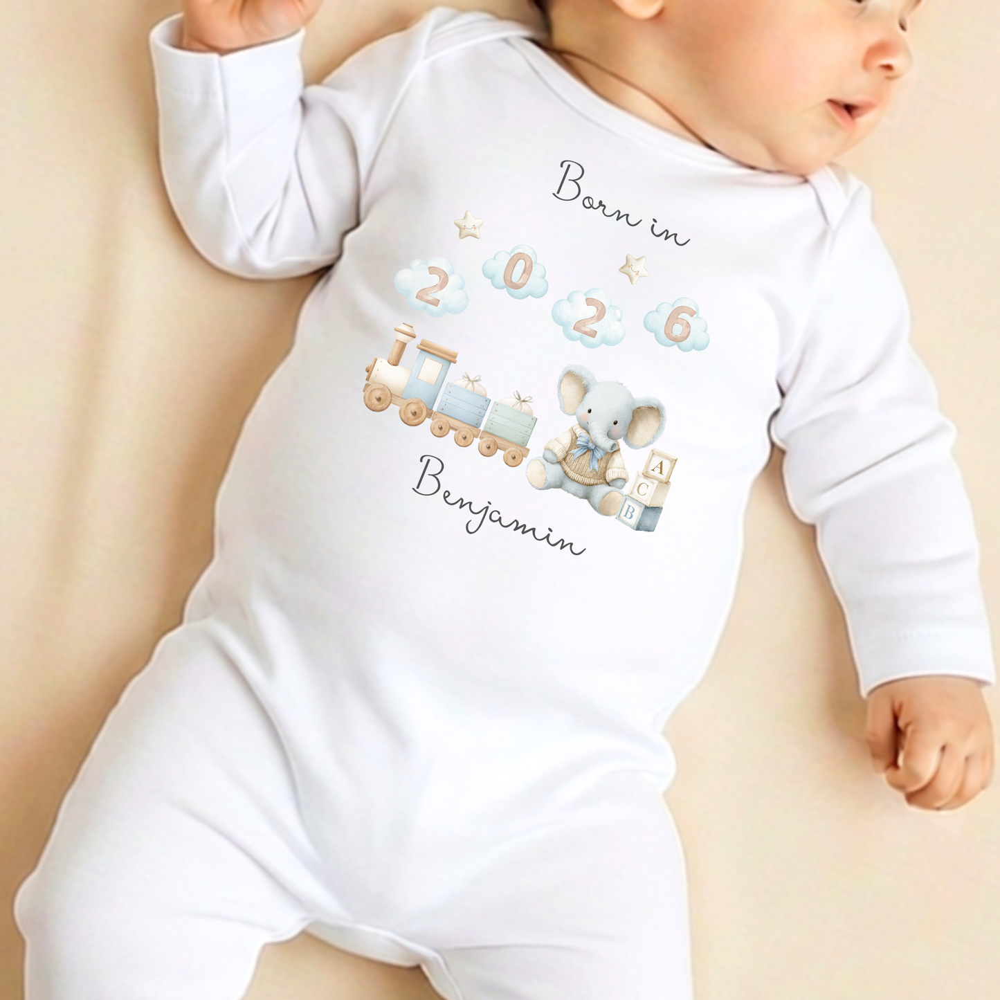 Born in 2026 Sleepsuit - Toy Train Print - Personalise me