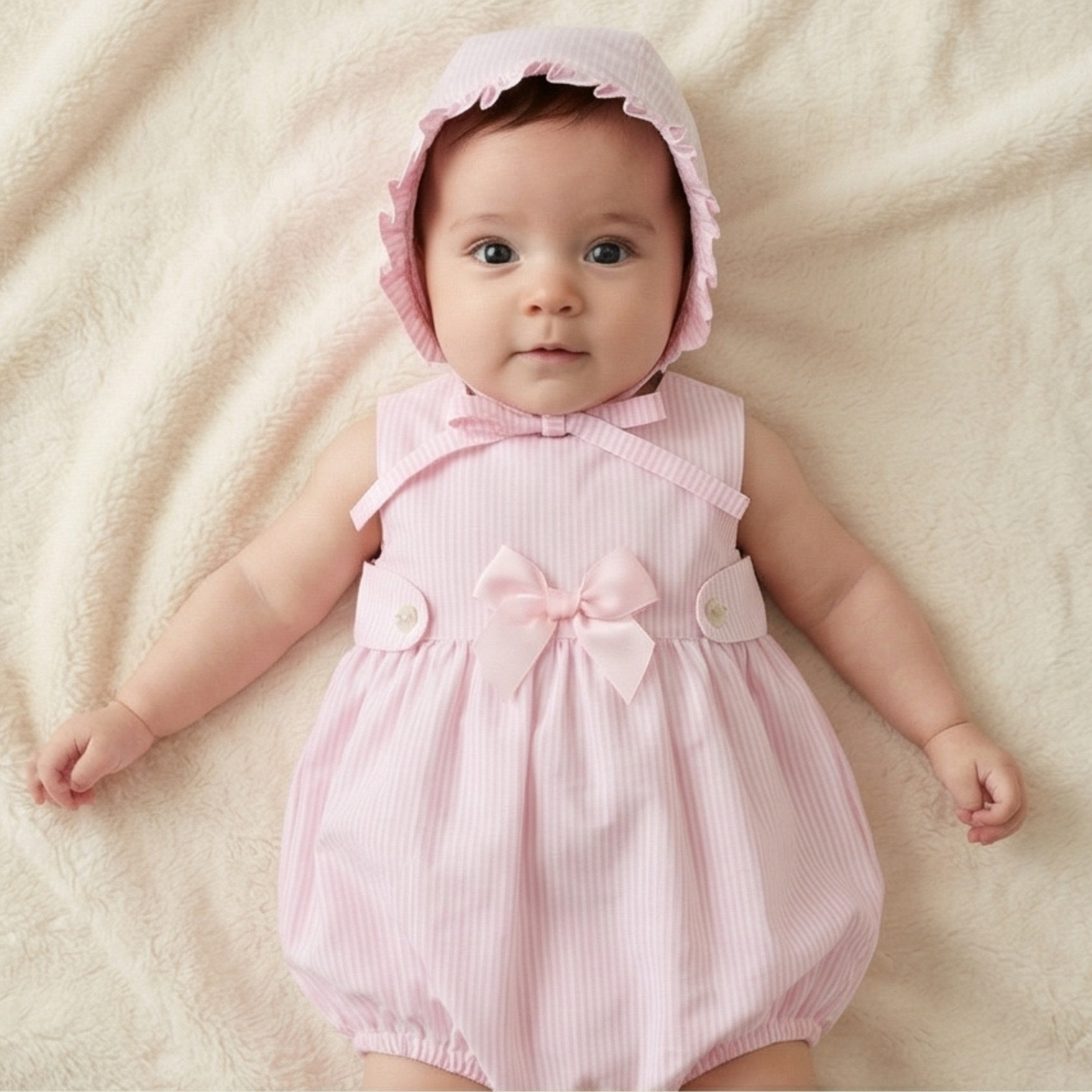 Pink stripe romper and bonnet