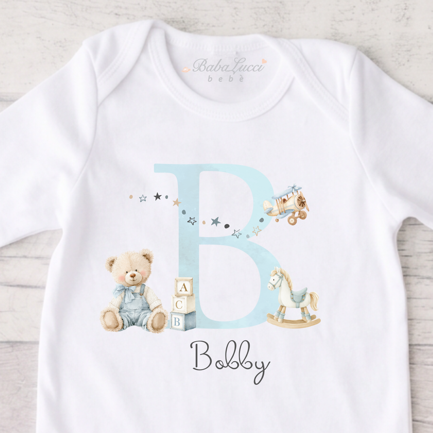 Baby Initial Sleepsuit - Teddy & Aeroplane Print - Personalise Me