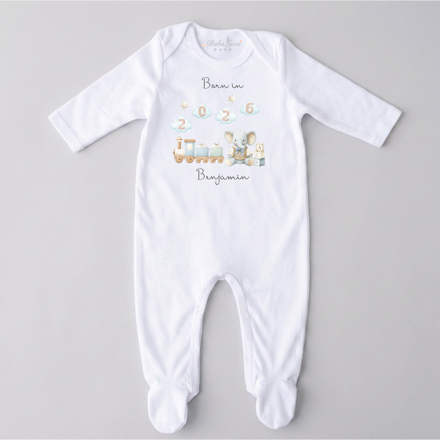 Born in 2026 Sleepsuit - Toy Train Print - Personalise me