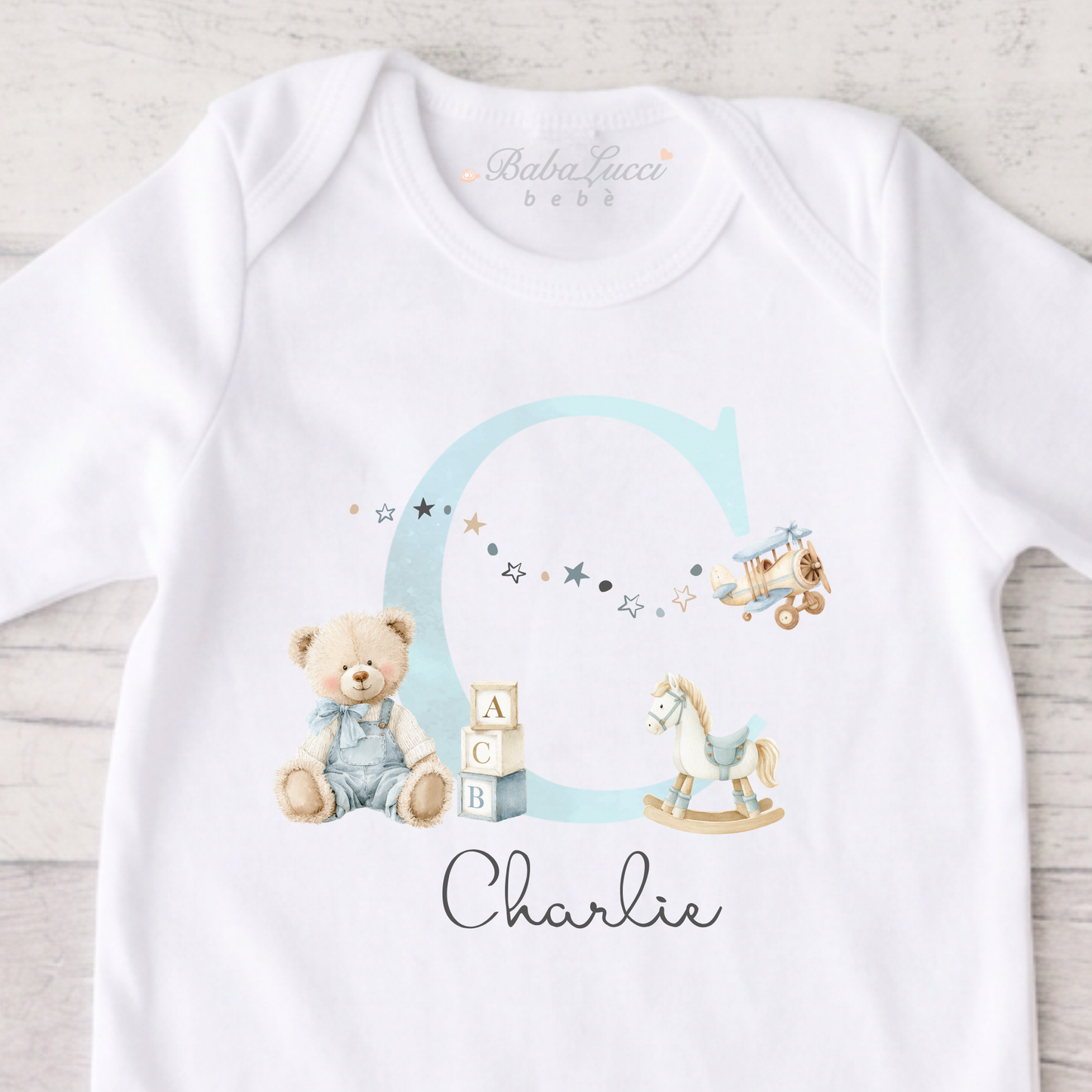 Baby Initial Sleepsuit - Teddy & Aeroplane Print - Personalise Me