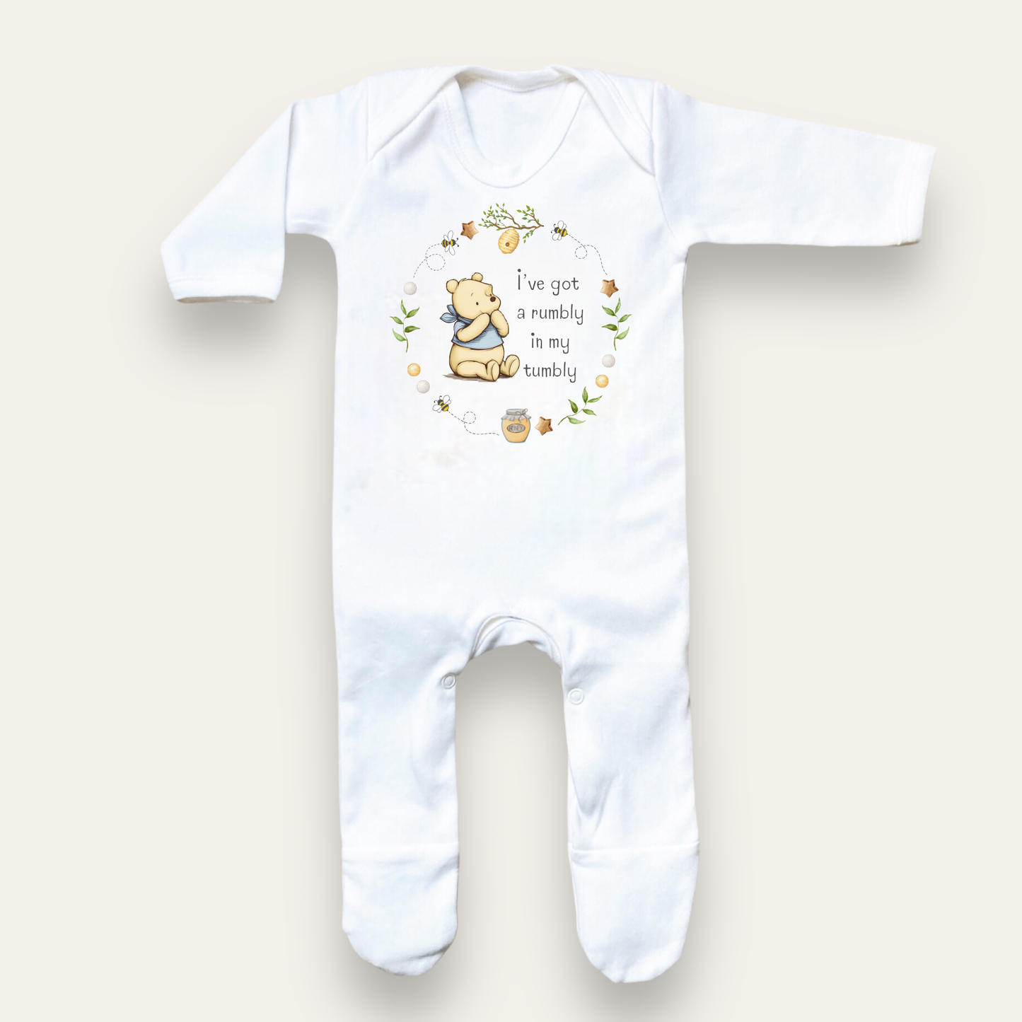 Blue Classic Bear 'I've got a rumbly in my tumbly' Sleepsuit