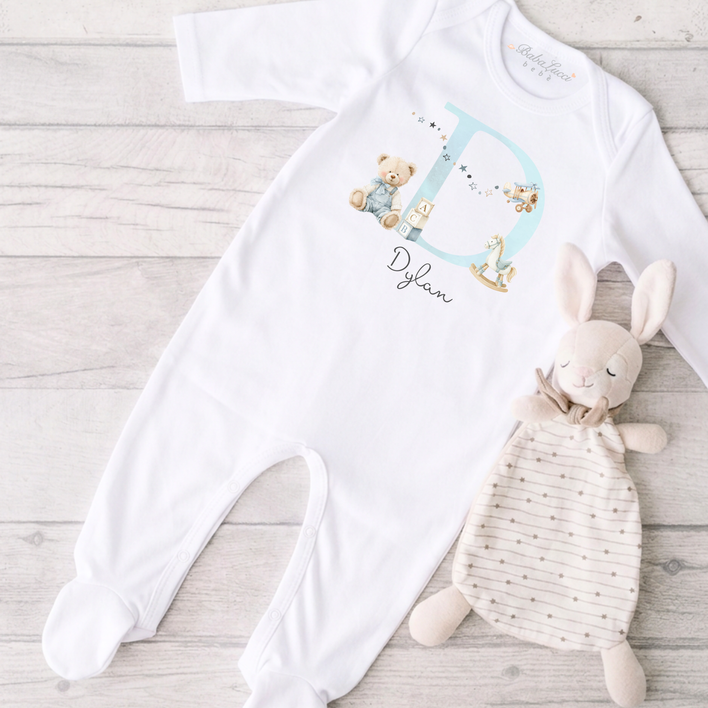 Baby Initial Sleepsuit - Teddy & Aeroplane Print - Personalise Me