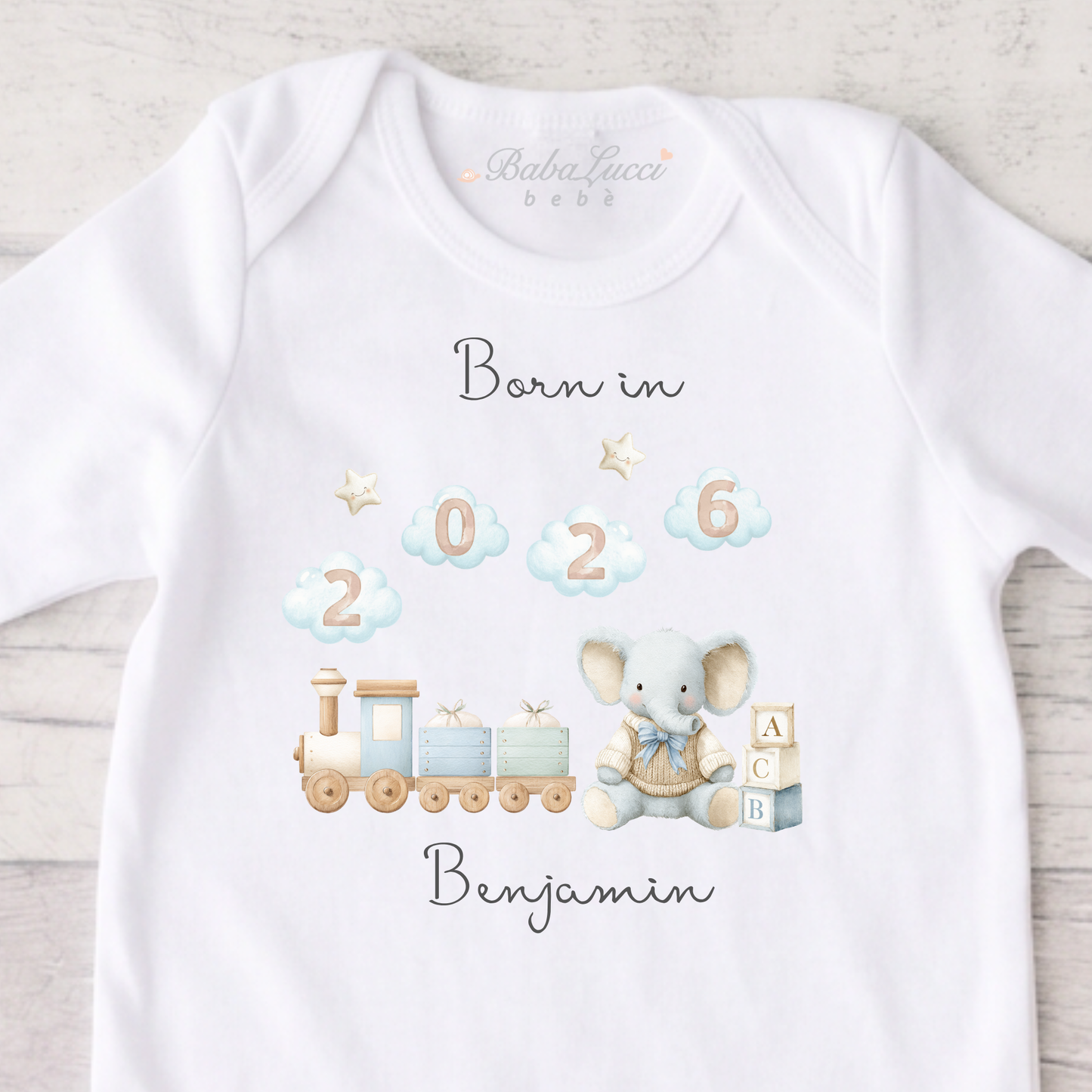 Born in 2026 Sleepsuit - Toy Train Print - Personalise me