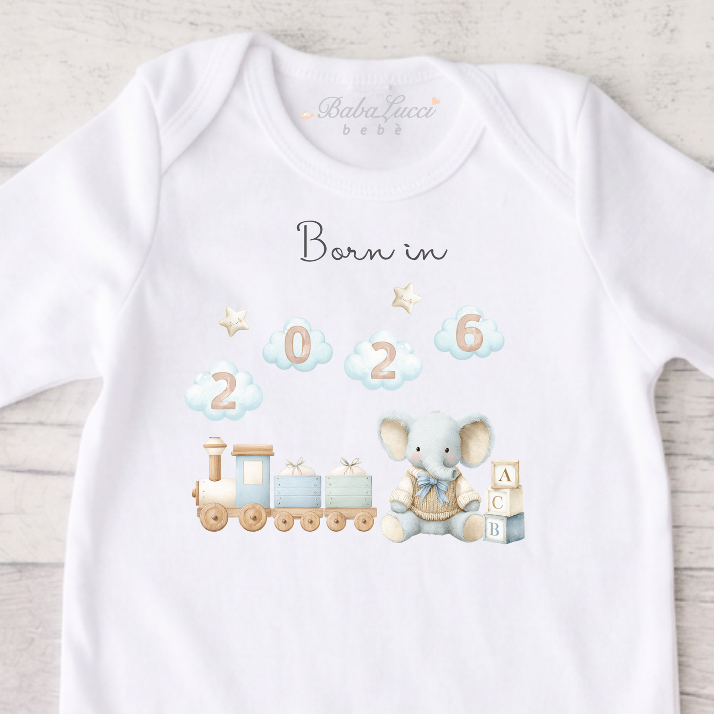 Born in 2026 Sleepsuit - Toy Train Print - Personalise me