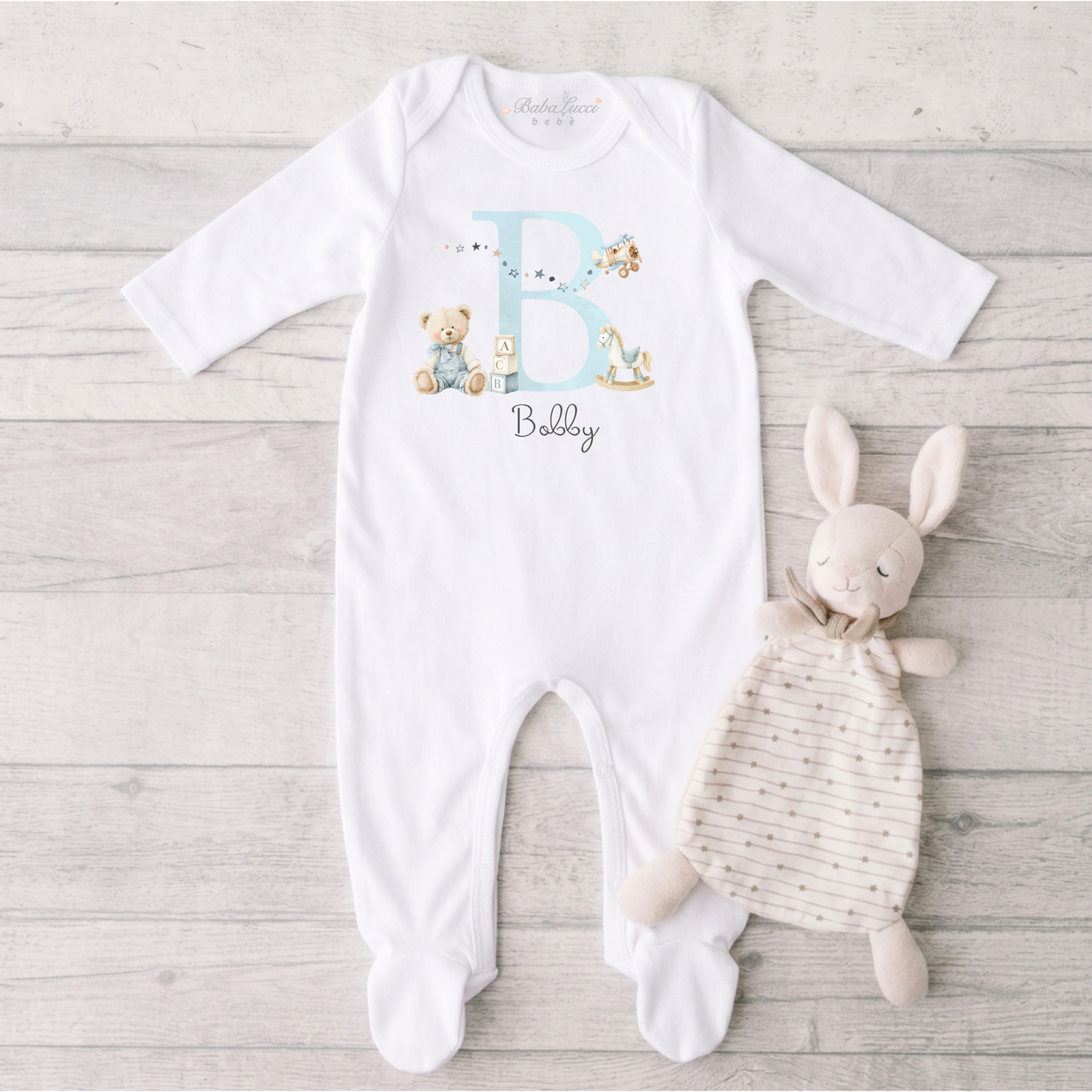 Baby Initial Sleepsuit - Teddy & Aeroplane Print - Personalise Me