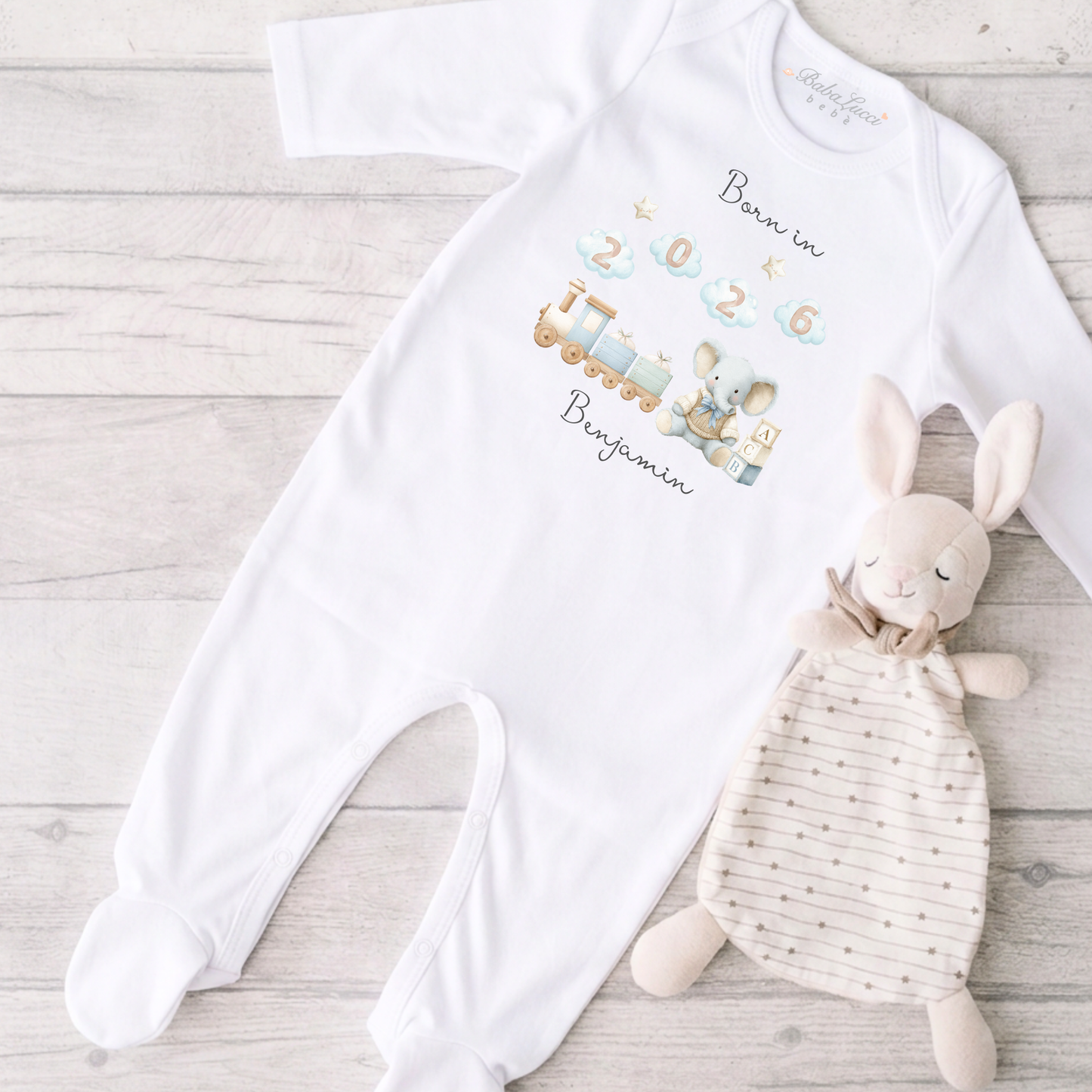 Born in 2026 Sleepsuit - Toy Train Print - Personalise me