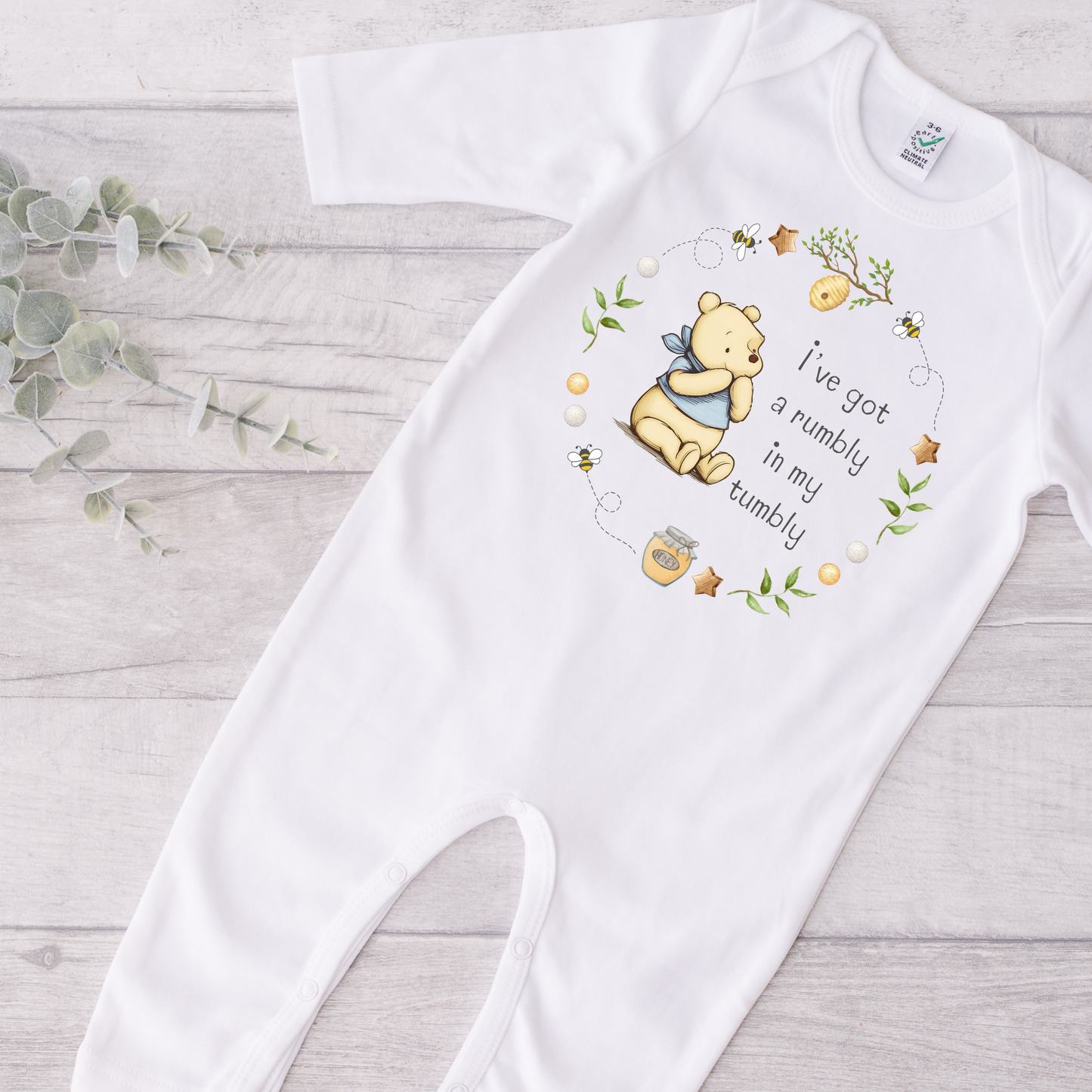 Blue Classic Bear 'I've got a rumbly in my tumbly' Sleepsuit