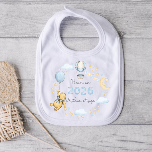 Blue Pooh Bear Born in 2026, 2027 Bib - Personalise me