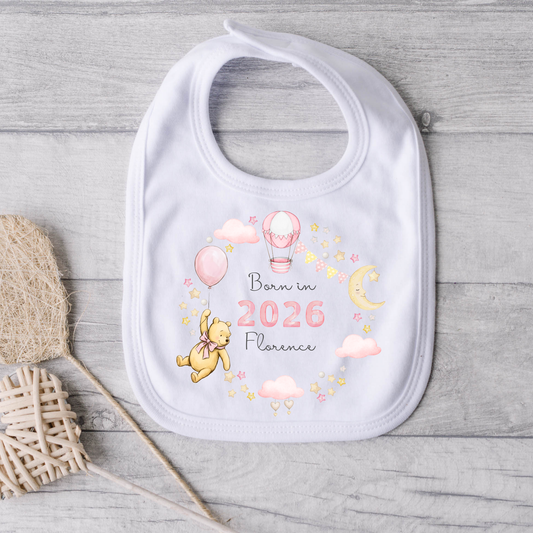 Pink Pooh Bear Born in 2026, 2027 Bib - Personalise me