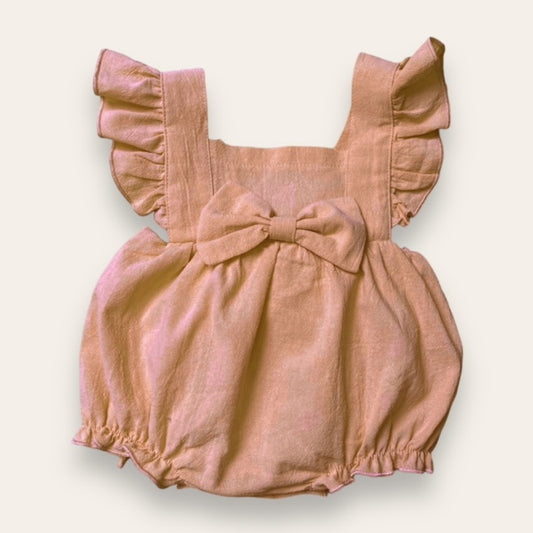 Baby girls dusky coral ruffle strap romper