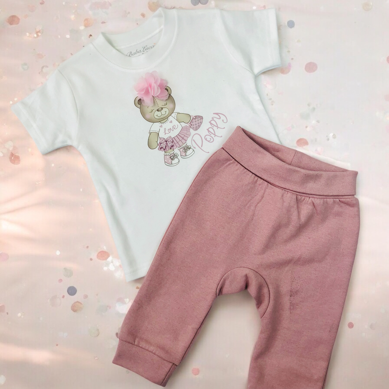 Baby Girl Outfit - Personalised Bear T-shirt & Pink Jogger set