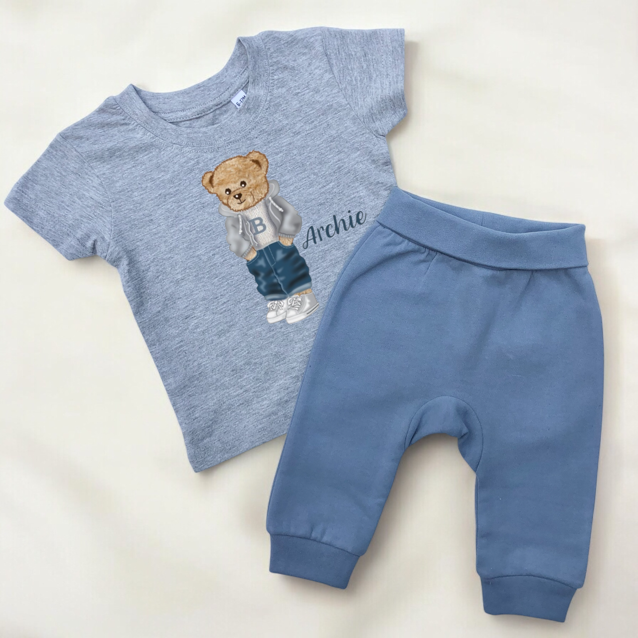 Baby Boy Outfit - Personalised Bear T-shirt & Blue Jogger set
