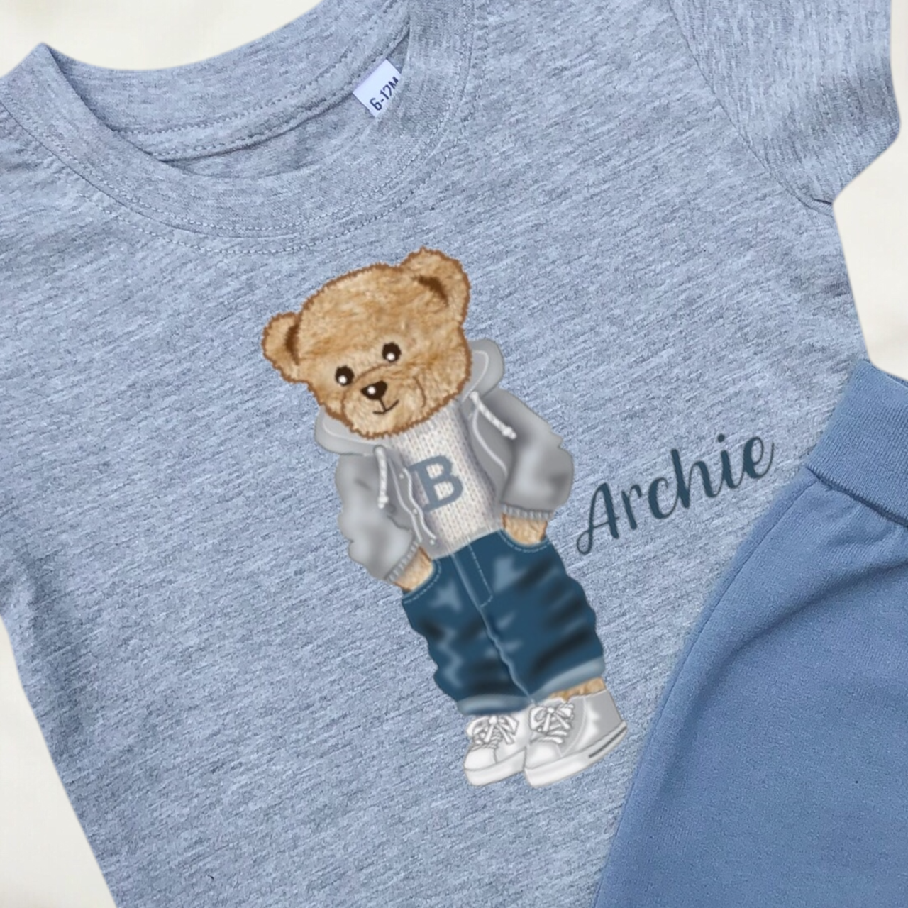 Baby Boy Outfit - Personalised Bear T-shirt & Blue Jogger set