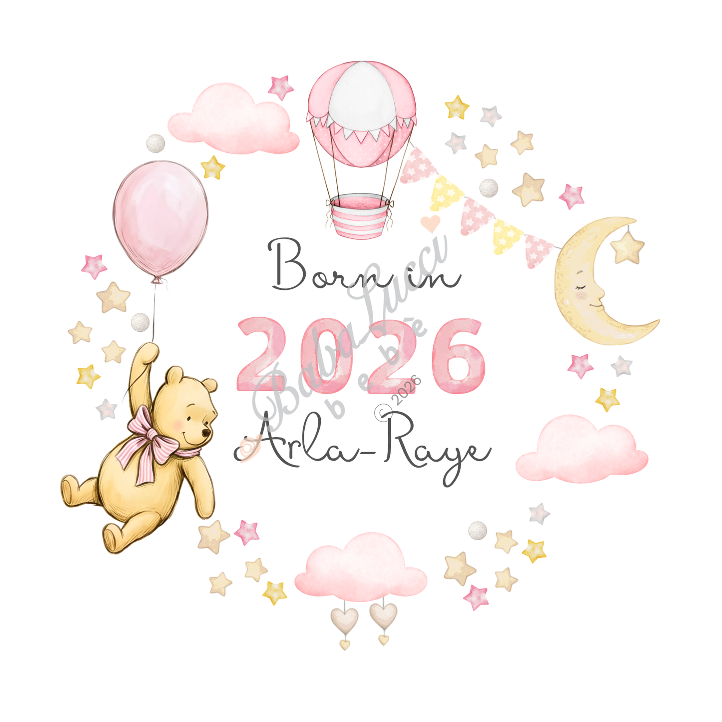 Pink Pooh Born in 2026, 2027 Bodysuit - Personalise me
