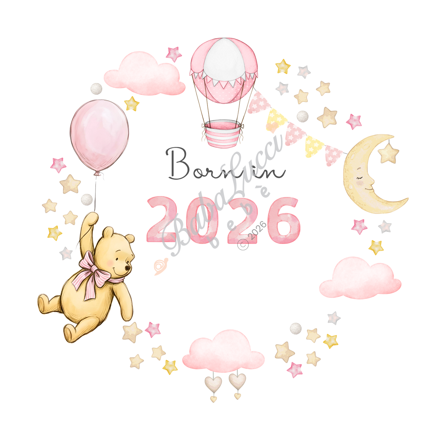Pink Pooh Born in 2026, 2027 Bodysuit - Personalise me