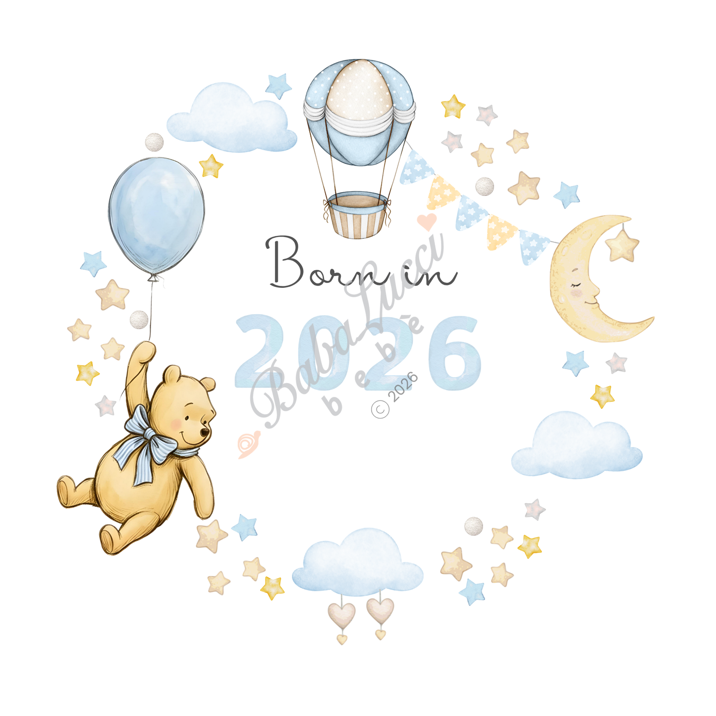 Blue Pooh Born in 2026, 2027 Bodysuit - Personalise me