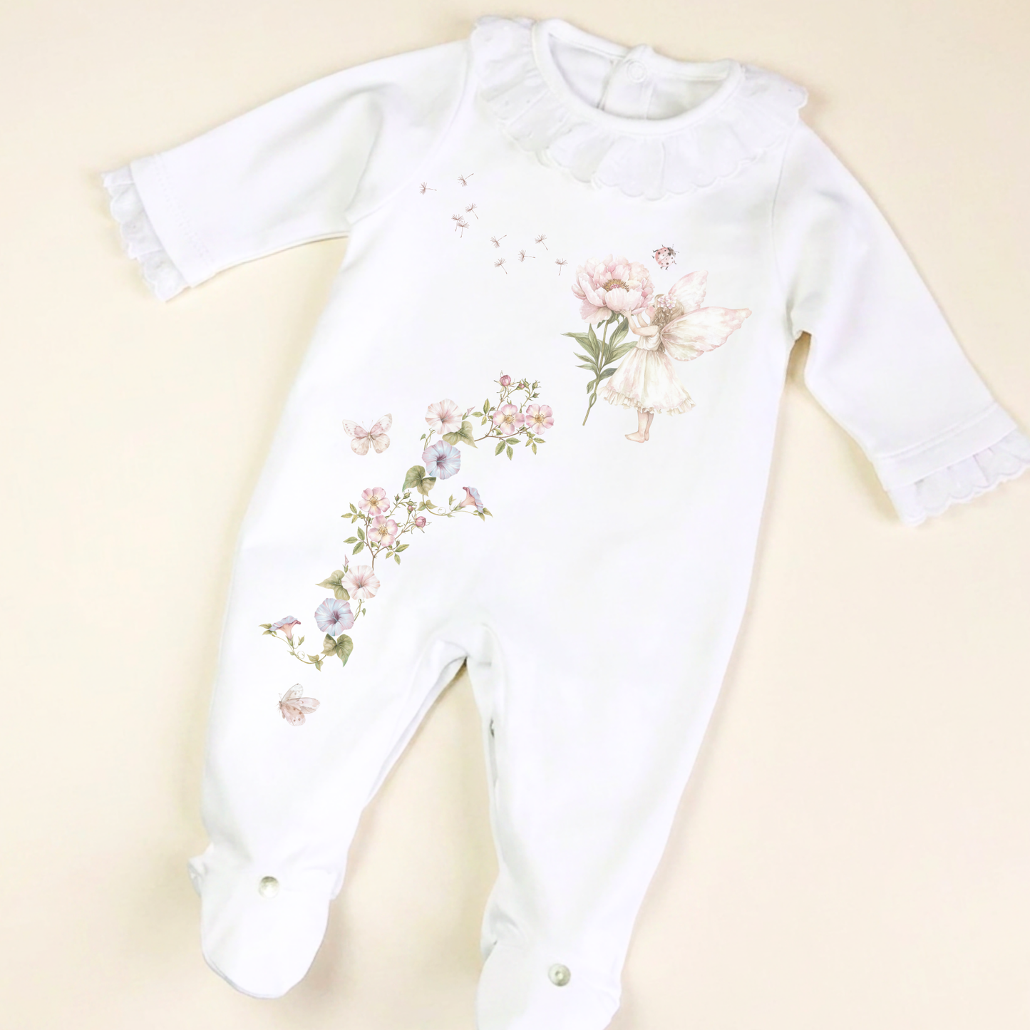 Garden Fairy Baby grow with white lace