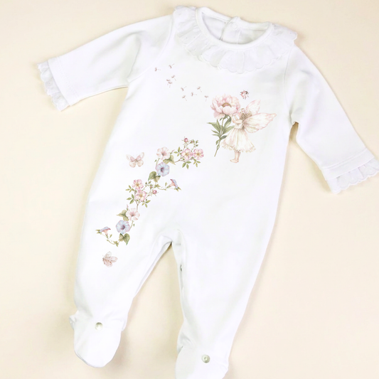 Garden Fairy Baby grow with white lace
