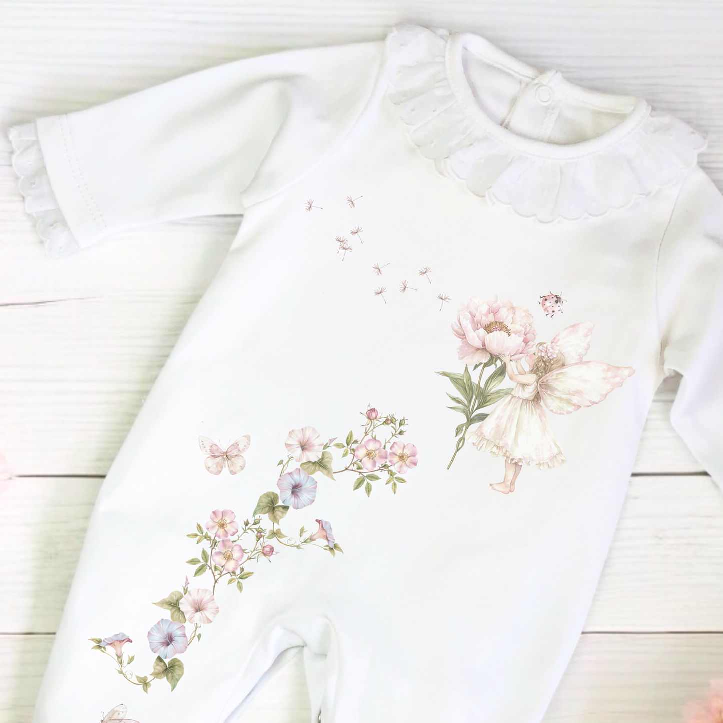 Garden Fairy Baby grow with white lace