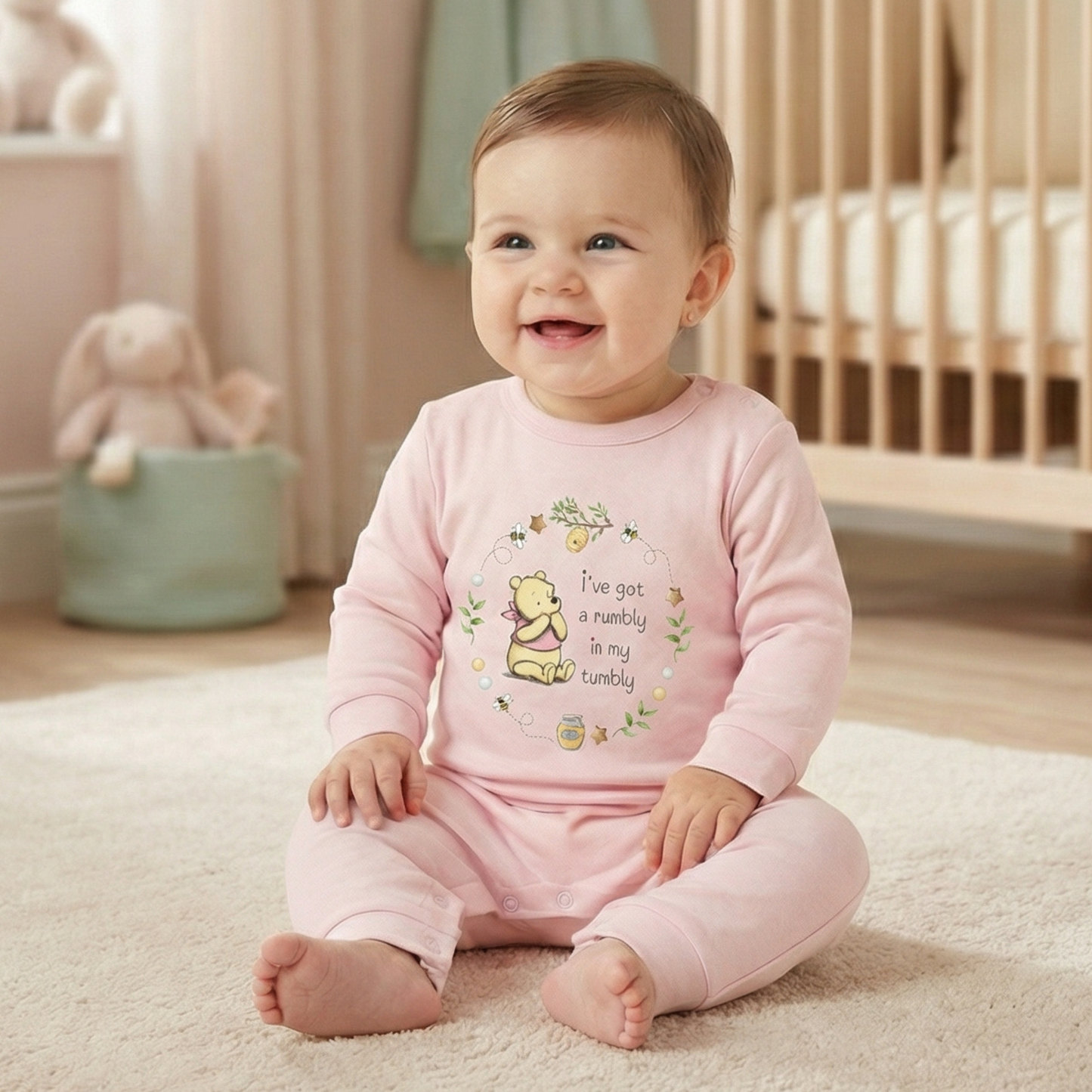 Classic Bear 'Rumbly in my tumbly' Pink Romper
