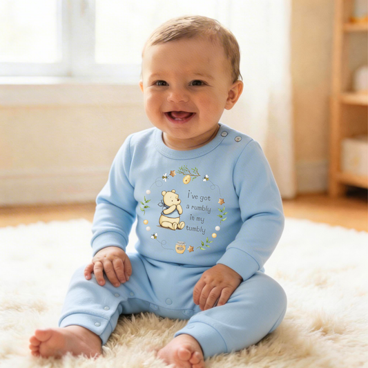 Classic Bear 'Rumbly in my tumbly' Blue Romper