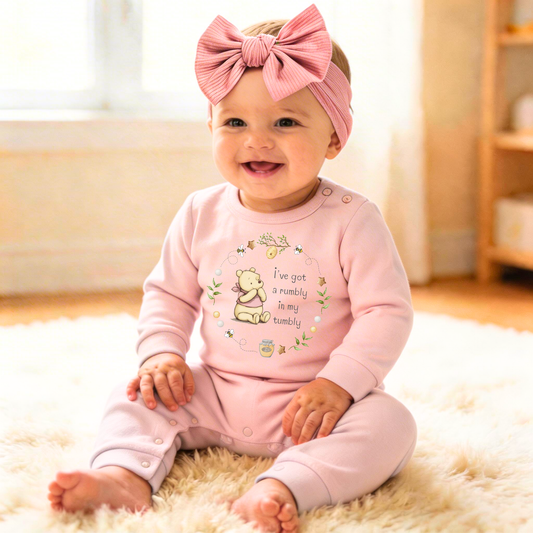 Classic Bear 'Rumbly in my tumbly' Pink Romper