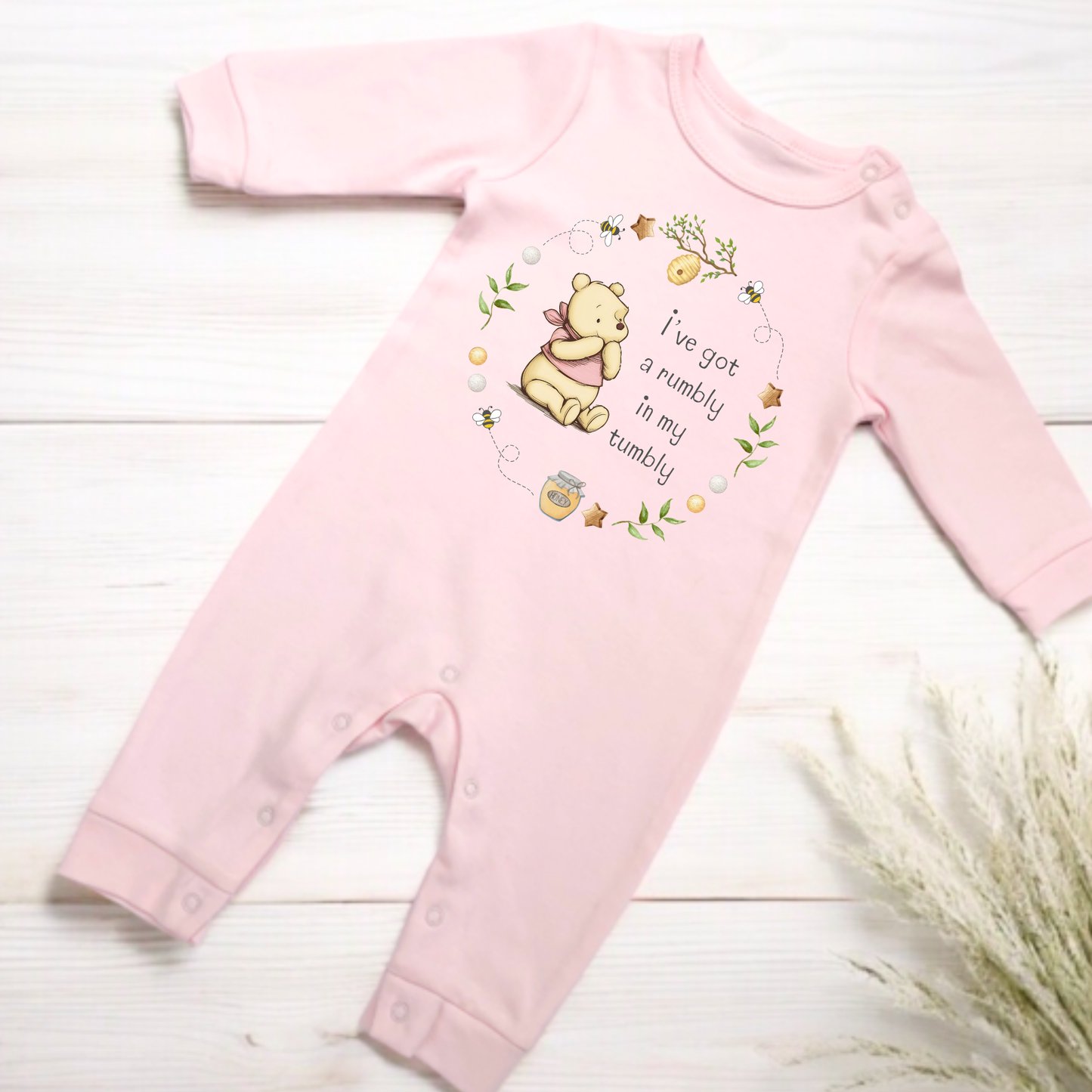 Classic Bear 'Rumbly in my tumbly' Pink Romper