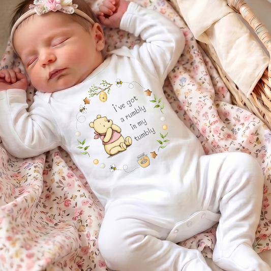 Pink Classic Bear 'I've got a rumbly in my tumbly' Sleepsuit